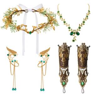 lot 12282 image: Liliaafar 4 Pcs Fairy Elf Renaissance Accessories Set Headpiece Elf Ear Cuffs Fingerless Gloves Necklace for Women Cosplay (Green)