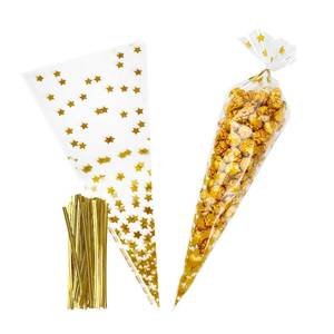 lot 12285 image: EKAPACKAGING 50Pcs Star Print 7x15 Inches Cone Shaped Treat Cellophane Bags Twist Tie Triangle Christmas Party Favor Cotton Candy Bags With Ties For Popcorn, Chocolates, Ice Cream Cone