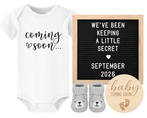 lot 13790 image: Pregnancy Announcement, Coming Soon Baby Announcement For Grandparents Dad Husband Family, Pregnancy Reveal Ideas, Gender Reveal Baby Shower Gifts -Felt Letter Board, Onesie, Booties, Wooden Sign