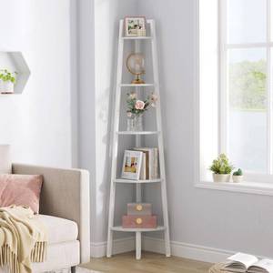 lot 13821 image: Hoctieon Corner Shelf, 5-Tier Corner Bookshelf, Rustic Ladder Shelf, Industrial Display Stand for Living Room, Kitchen, Home Office, Balcony, Small Space, Metal Frame, White
