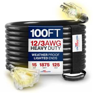 lot 13823 image: 100ft OutdoorIndoor Extension Cord 3-Outlet 123 Gauge Extra Heavy Duty 3 Prong SJTW, Waterproof, Flexible Cold-Resistant Long Power Cord,15A 125V 1875W, Yellow by LifeSupplyUSA