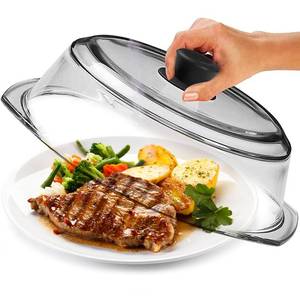 lot 13828 image: Leraze Tall Glass Microwave Splatter Cover - Cool Touch Easy Grip Handle