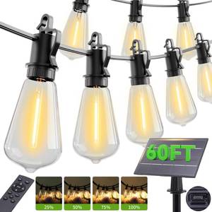lot 13837 image: OOOLED 60FT Solar String Lights Outdoor Waterproof with Remote,Shatterproof ST38 20 LED Bulbs,2700K Dimmable Solar Lights Outdoor,Outside Hanging Lights for Patio,Garden,Camping,Deck,Backyard Decor