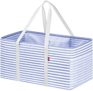 lot 13842 image: LHZK Standing Extra Large Utility Tote Bag with Metal Wire Frame and the Sides Rinforced, Extra Large Tote Bag with Handle, Reusable Grocery Bags Foldable, Beach Bag, Car Tote (Blue, 26x15x13)