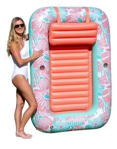 lot 13862 image: Aqua Inflatable Tanning Pool Lounger �� Large (71 x 48 in) �� Premium Pool Float with Cupholders and Removeable Pillow for Relaxation and Fun, Pink Flower Coral
