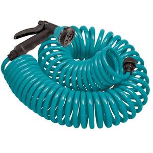 lot 13870 image: Orbit 26381 Coil Garden Hose, 25 Feet, with 8-Pattern Hose Nozzle (Blue)