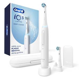lot 14286 image: Oral-B Rechargeable Electric Toothbrush, iO3 Limited Deep Clean, 3 Cleaning Modes, Visual Pressure Sensor to Protect Gums, 2 Brush Heads, Travel Case, White