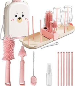 lot 14387 image: Pink Travel Baby Bottle Cleaner Kit �� 6-in-1 Portable Brush Set with Drying Rack & Storage Case  Baby Travel Essentials for Flying, Newborn Bottle Cleaning & Breast Pump Parts On-The-Go
