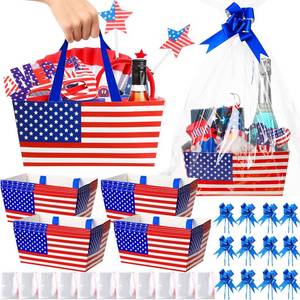lot 19328 image: Funnymoom 24 Pcs 4th of July Basket for Gifts Empty 9.8x6.5 250th Anniversary American Flag Patriotic Gift Basket Empty to Fill with Handle, Transparent Bag & Bow for Holiday Birthday Wedding Party