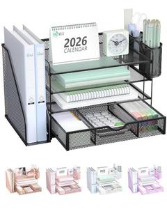 lot 19344 image: WALI Desk File Organizer, 4 Tier Desktop Paper Letter Tray Organizer with Drawer and 2 Pen Holders, Office Desk Accessories & Workspace Organizers for Office, Home Supplies(DO005DH-B), 1 Pack, Black