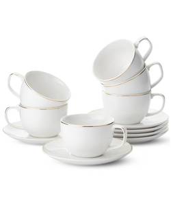 lot 19357 image: BTaT- Cappuccino Cups with Saucers 7 oz, Set of 6, White Porcelain Coffee Cup and Saucer Set for Latte with Golden Trim Design, Dishwasher Safe, Mocha, Tea, Au Lait, Flat White