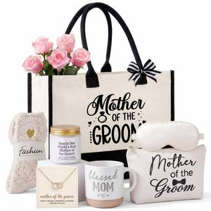 lot 19358 image: Amyhill 7 Pcs Mother of The Groom Gift Set for Wedding MOG Gifts Includes Canvas Tote Bag Cosmetic Bag Scented Candle Ceramic Mugs Eye Mask Socks Necklace Present for Bridal Shower
