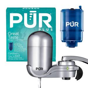 lot 19371 image: PUR Plus Vertical Faucet Mount Water Filtration System, Lead-Reducing Filter, Great-Tasting, Easy Install, Lasts 100 Gallons, Faucet Water Filter, Compatible with Sinks with External Aerators, Chrome
