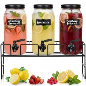 lot 19374 image: RimCereal 3 Pack 80 oz Glass Beverage Dispenser with Stand Clear Mason Jar Water Dispenser for Party, Fridge Includes Leakproof Stainless Steel Spigot, Black Lid and Label(Black)
