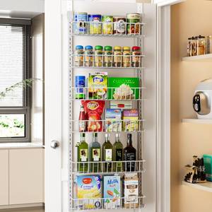 lot 19378 image: Delamu Adjustable Cabinet Door Organizer, 6-Tier Hanging Spice Rack Organizer, Metal Over the Door Pantry Organizer, Pantry Organizers and Storage Shelves for Kitchen Bathroom Laundry Room, White M