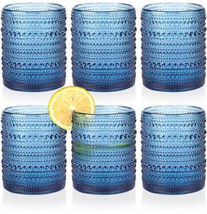 lot 19383 image: KMIGRUAN Hobnail Drinking Glasses Set of 6,12oz Blue Vintage Glassware,Cocktail Glasses,Embossed Glass Cups,Water Tumbler for Whiskey, Juice and Various Mixed Drinks