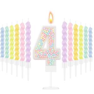 lot 20035 image: MTLEE White Macaron Number 4 Birthday Candle with 12 Rainbow Spiral Candles