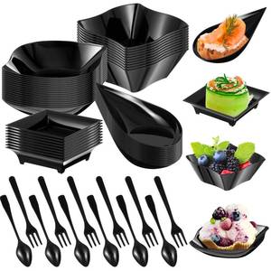 lot 20074 image: Tessco for you 80 Pcs Mini Appetizer Plates with Spoons Forks Disposable Mini Dessert Plates Plastic Appetizer Bowls Tiny Individual Serving Trays for Party (Classic Style,Black)