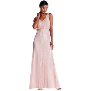 lot 20075 image: Adrianna Papell Womens Beaded V-Neck Blouson Gown, Blush, 16