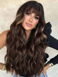 lot 20086 image: AISI QUEENS Brown Wig with Bangs for Women Long Wavy Curly Wigs