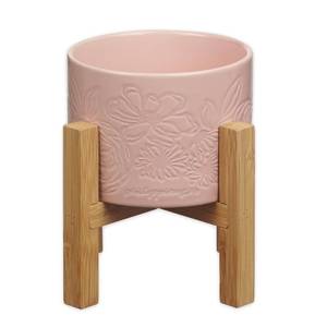 lot 20146 image: Christian Art Gifts Pink Ceramic Table Top Planter Pot & Removable Bamboo Wood Stand for Women, Scripture Inspired for Small Natural or Artificial IndoorOutdoor Plants, Cute Debossed Floral Design