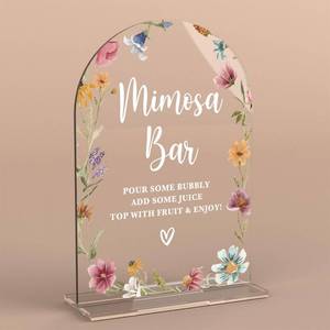 lot 20188 image: Acrylic Wedding Signs, Bridal Shower Decorations, Mimosa Bar Signs for Reception, Modern Calligraphy Arch Acrylic Table Top Sign for Wedding Reception and Engagement Parties (Clear Wildflowers)
