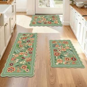 lot 20196 image: Tinideya Floral Kitchen Rug Set of 2 Sage Green Kitchen Mat