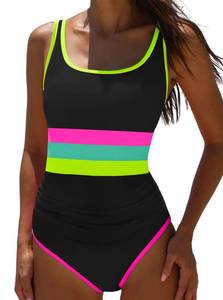 lot 20209 image: popvil Womens One Piece Swimsuit Modest Neon Bathing Suit,Colorblock,L