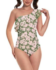lot 20218 image: Period Swimwear One Piece Menstrual One Shoulder Ruffle Swimsuit Green XS
