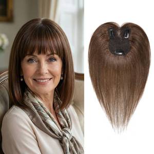 lot 20221 image: SEIKEA Hair Toppers for Women Real Human Hair with Wispy Bangs, 10 Ultra-light Breathable Hairpiece for 3.5x2.7 Mild Thinning Hair, Hand-Tied Scalp Hairpieces for Daily Wear & Gray Hair Coverage