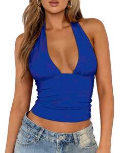 lot 20230 image: ForeFair Women Sexy Halter Neck Backless Going Out Crop Tank Top Deep V Neck Open Back Sleeveless Slim Fit Y2k Summer Tops(Royal Blue,M)