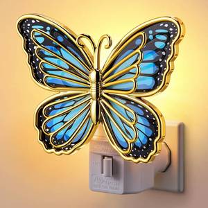 lot 20234 image: Hohean Butterfly Night Light, 0.6W LED Butterfly Night Light Plug into Wall, Manual OnOff Switch, Monarch with Gold Trim Decorative, 360°Swivel Plug, Girls,Kids&Adults Bedroom Bathroom Decor(Blue)