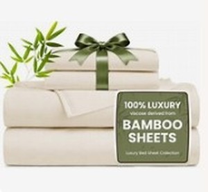 lot 13813 image: Loves cabin 4 Piece Queen Sheet Set, 100% Rayon Derived from Bamboo, Cooling & Breathable, Soft Silky Deep Pocket up to 16, Hotel Luxury Bedding for Hot Sleepers, Bluish Grey
