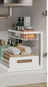 lot 13834 image: L-Shaped Under Sink Organizer, White2-Tier, Slide Out Cabinet Storage, Solid Metal Handles