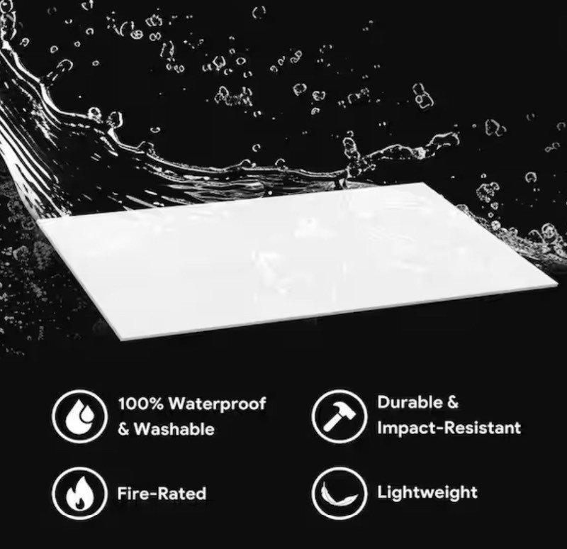 lot 620 image: Bundle of Five - 2 ft. x 4 ft. Smooth White High-Grade PVC Drop Ceiling Tile, Waterproof, Washable and Fire-Rated
