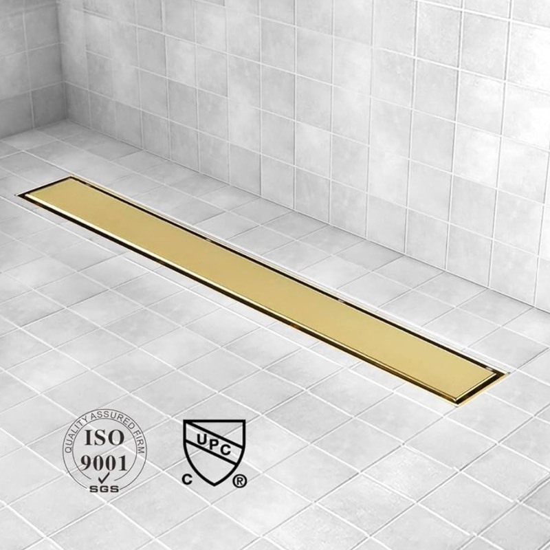 lot 152 image: Linear Shower Drain, 40 inch Gold Drain with Tile Insert 2-in-1 Panel, Brushed 304 Stainless Steel Gold Shower Floor Drain, Linear Drain with Hair Strainer and Adjustable Feet Contains shipping blemishes see images