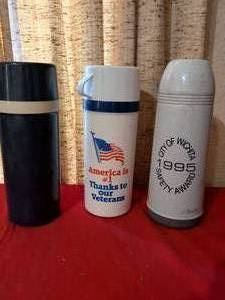 lot 414 image: 3 Insulated Beverage Thermos Bottles Black White Gray 1995 City of Wichita