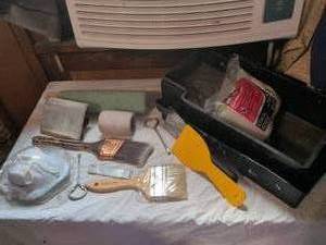 lot 420 image: Paint Supplies Lot Brushes, Rollers, Trays, Drop Cloth, Spackling