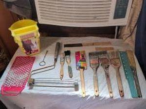 lot 423 image: Painting Tool Lot Paint Brushes Rollers Trays Wire Brush Storage Caddy
