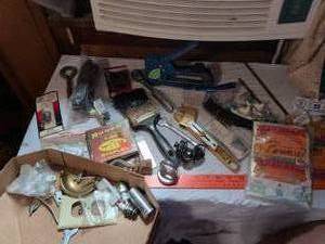 lot 439 image: Lot of Hand Tools and Hardware Brushes, Stapler, Wrenches, Rulers, Toggles, Eye Bolts