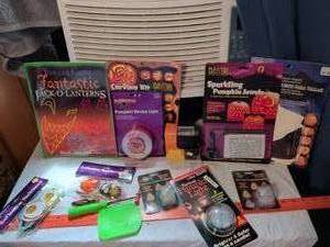 lot 469 image: Halloween Pumpkin Carving Decorations Lot Jack-O-Lanterns Strobe Lights Necklaces