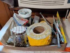 lot 509 image: Mixed Workshop Lot Yellow Tape Roll Nails Screwdrivers Spring Clips PO-30