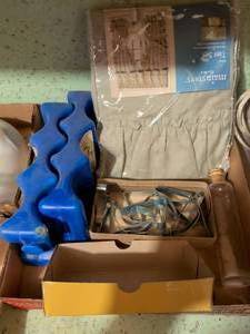 lot 532 image: Mainstays Home One Tier Set Sage with Cookie Cutters Blue Ice Can Cooler and Glass Bottle Lot