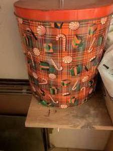lot 539 image: Holiday Decorative Storage Container with Lid Orange Plaid Candy Cane