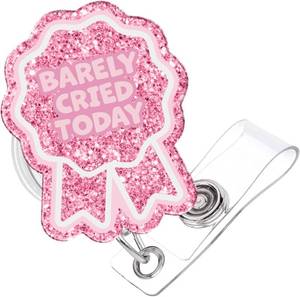 lot 8238 image: Pink Ribbon Badge Reel Retractable ID Holder with Clip for Nurses and Doctors