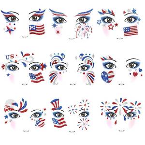 lot 8243 image: JUNEBRUSHS 9 Sheets 4th of July Face Tattoos - Patriotic Glitter Stickers