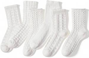 lot 8351 image: White Ankle Socks for Women, 6 Pairs, Lace Trim & Floral Patterns, Cotton