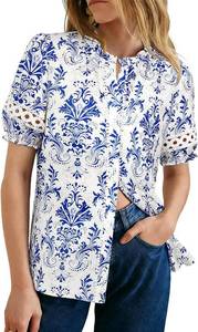 lot 8355 image: GRACE KARIN Women Boho Floral Tops, Summer Eyelet Sleeve Button-Down Blouse Larg