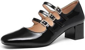 lot 8444 image: NEWBELLA Womens Patent Leather Mary Janes - Buckle Strap, Square Toe Pumps 8.5