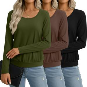 lot 8515 image: 3 Pack Womens Scoop Neck Shirts  Long Sleeve, Banded Hem, Loose Basic Tee XL